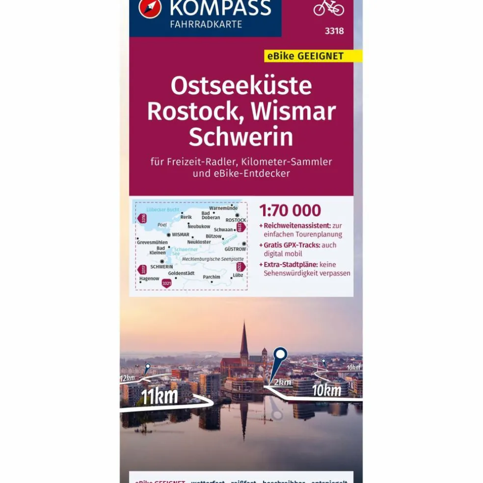 KOMPASS FAHRRADKARTE OSTSEEKÜSTE,ROSTOCK,WISMAR,SCHWERIN
