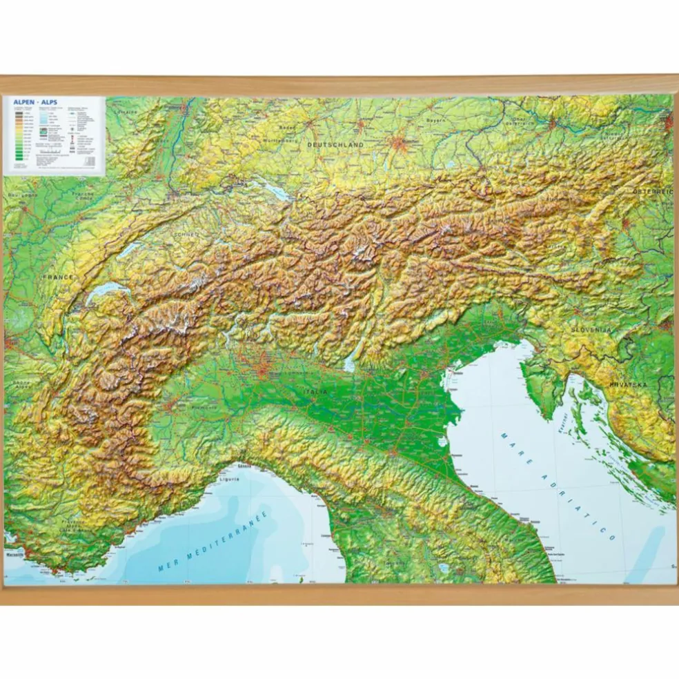 RELIEF ALPEN 1:1.2MIO MIT NATURHOLZRAHMEN - Wand Karte